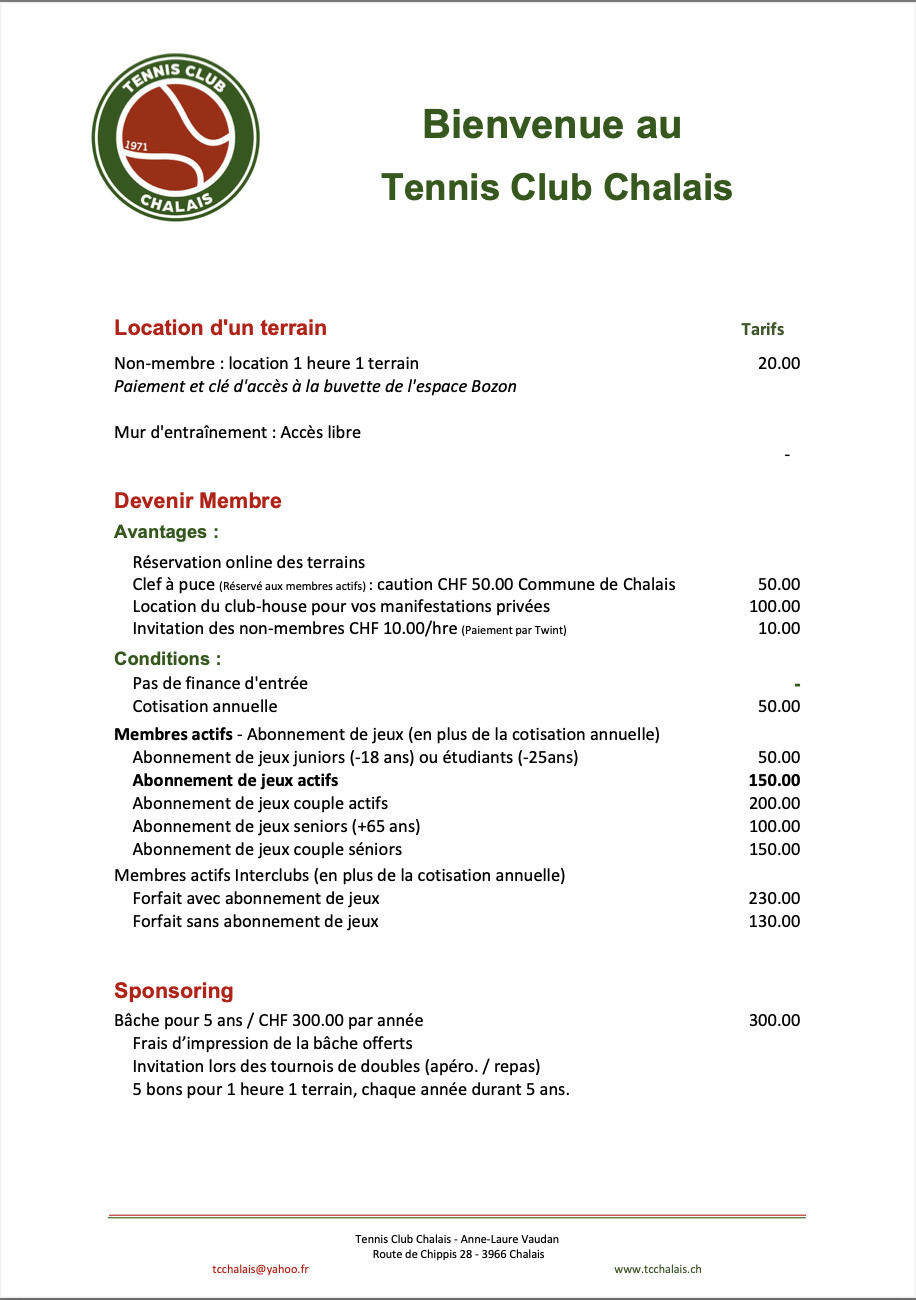 Aperçu des tarifs de la saison